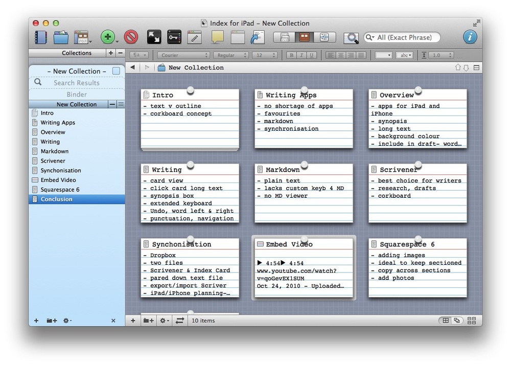 This article as it appears in Scrivener in the form of index cards with a synopsis of each section